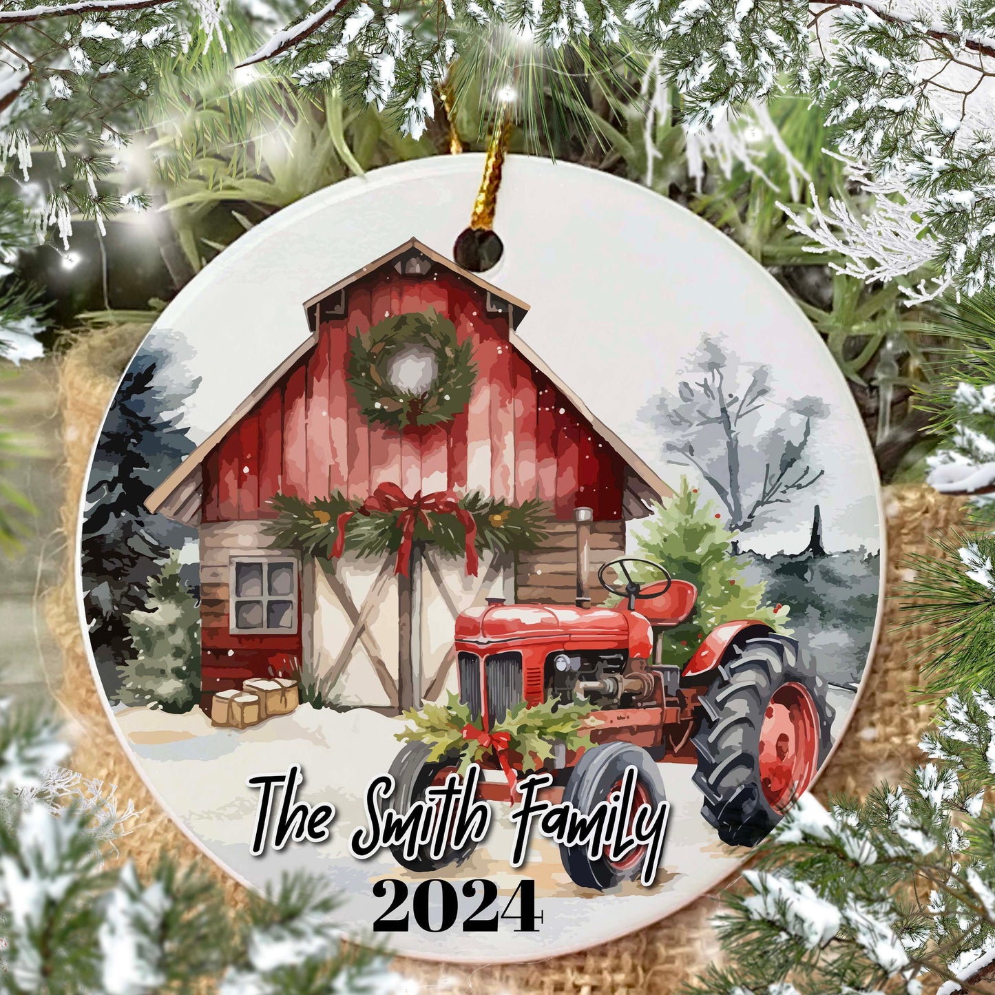 CUSTOM RED BARN CHRISTMAS FARM ORNAMENT