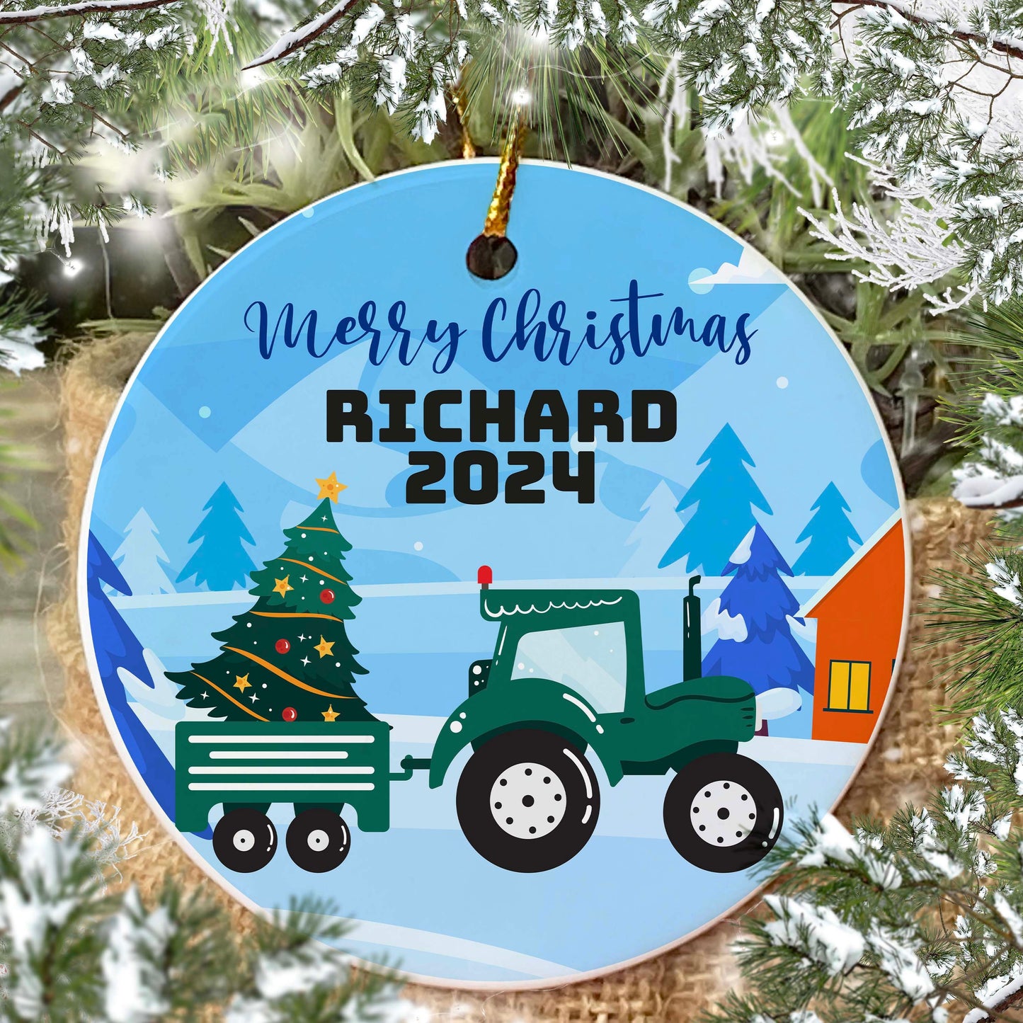 CUSTOM GREEN TRACTOR CHRISTMAS FARM ORNAMENT