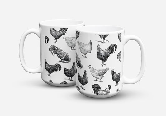 BREEDS OF CHICKEN B&W COFFEE MUG